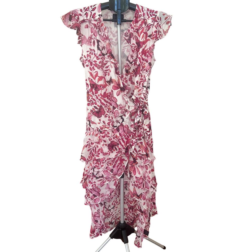Hale Bob Butterfly Botanical Wrap Dress S Pink Asymmetrical Ruffle High Low Hem